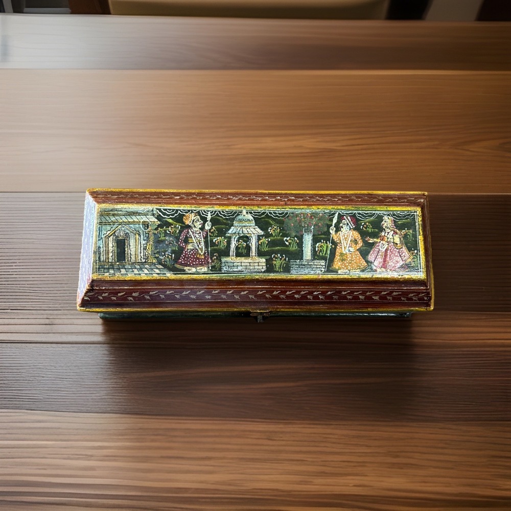 Vintage Wooden Box Ornate Hand Painted Indian Design Jewelry Trinket Storage